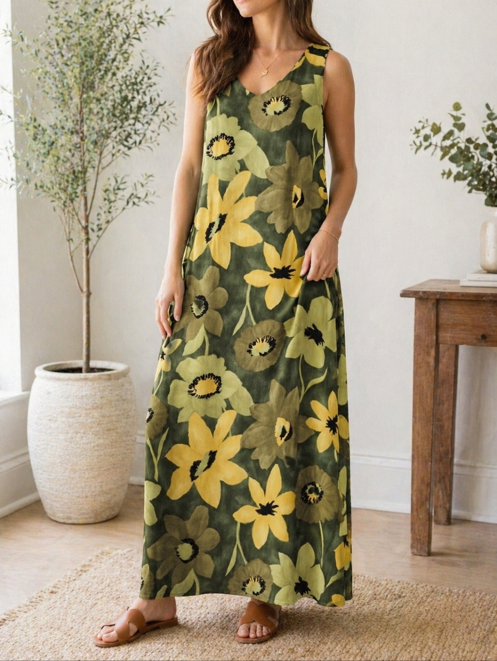 Amerique du Nord Floral Maxi Dress Green Yellow Rayon Sleeveless Canada Size 8